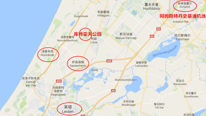 bollenstreek区域地图,诺德韦克,萨森海姆,莱顿皆属于这个区域