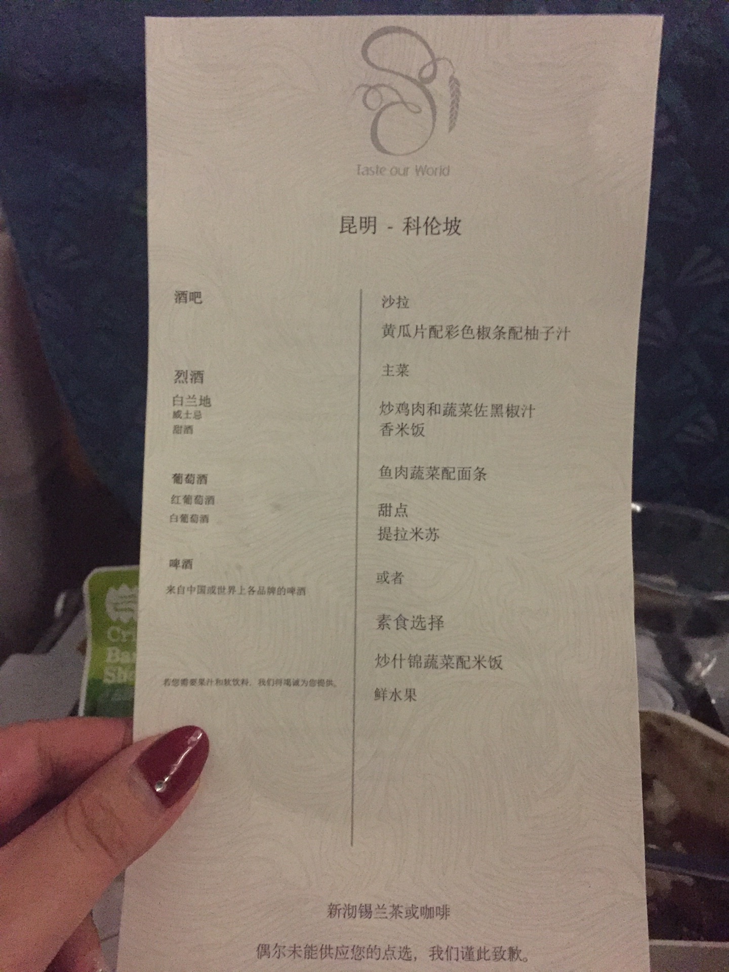 斯航的飞机餐菜单