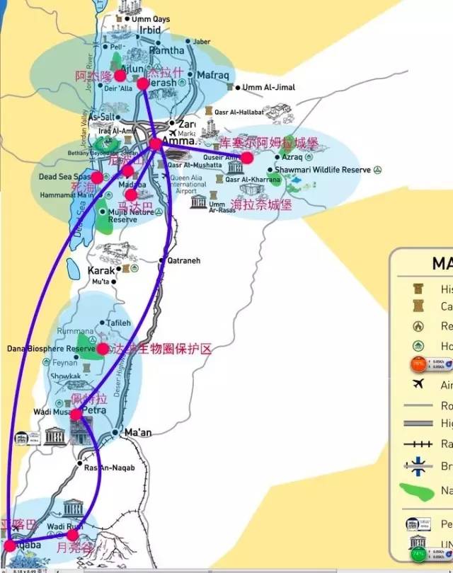 地图,约旦游玩的地方主要有首都安曼,死海,佩特拉,亚喀巴,杰拉什,月亮