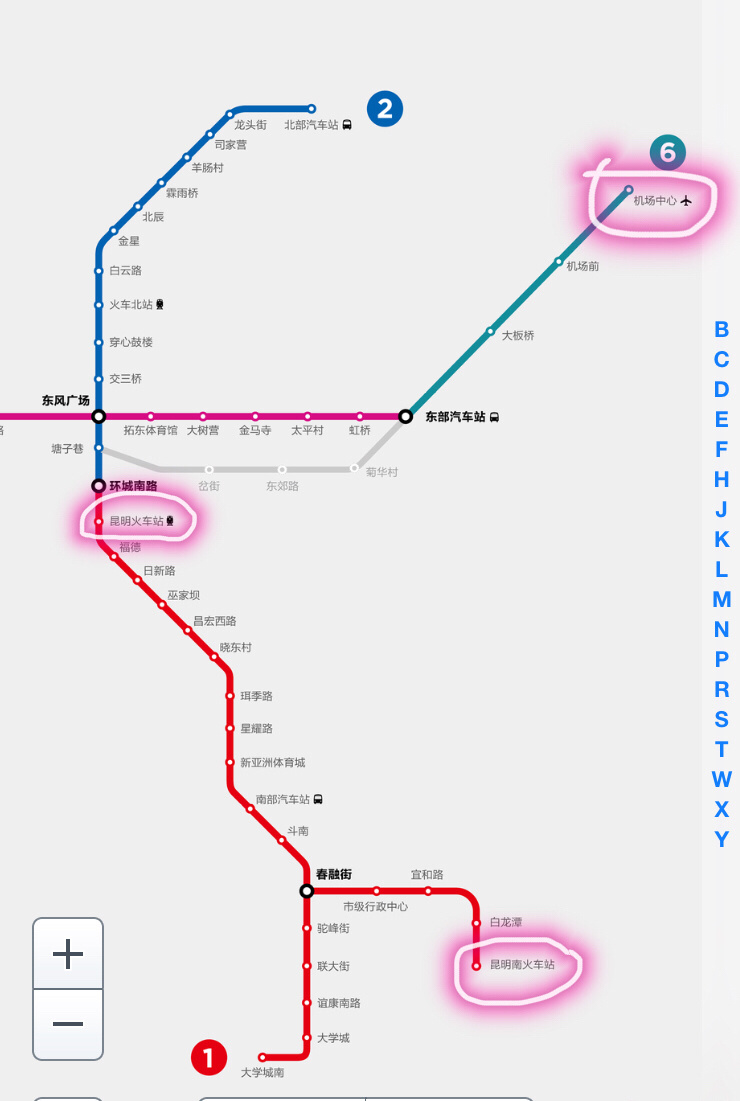 按照图上所示坐地铁就可以从昆明站到机场了.