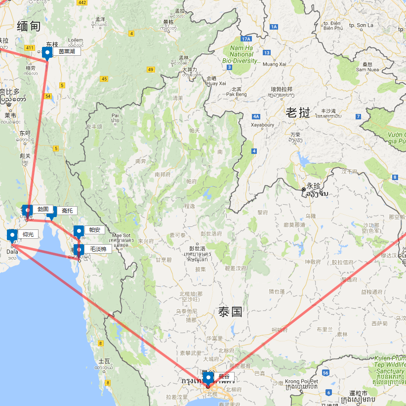 其线路如下:  1,琅南塔——美赛(会晒houay xai)——清莱——大其力